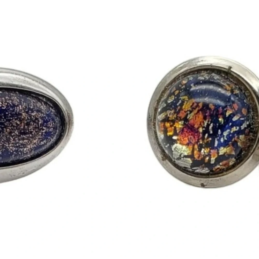 Retro Blue Goldstone & Confetti Foil Cufflinks Silver Tone Art Glass Shields Vtg